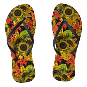 Autumn bouquet on black flip flops