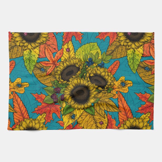 Autumn bouquet on blue kitchen towel (Horizontal)