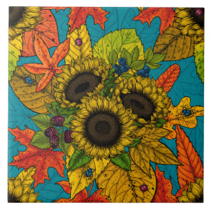Autumn bouquet on blue tile