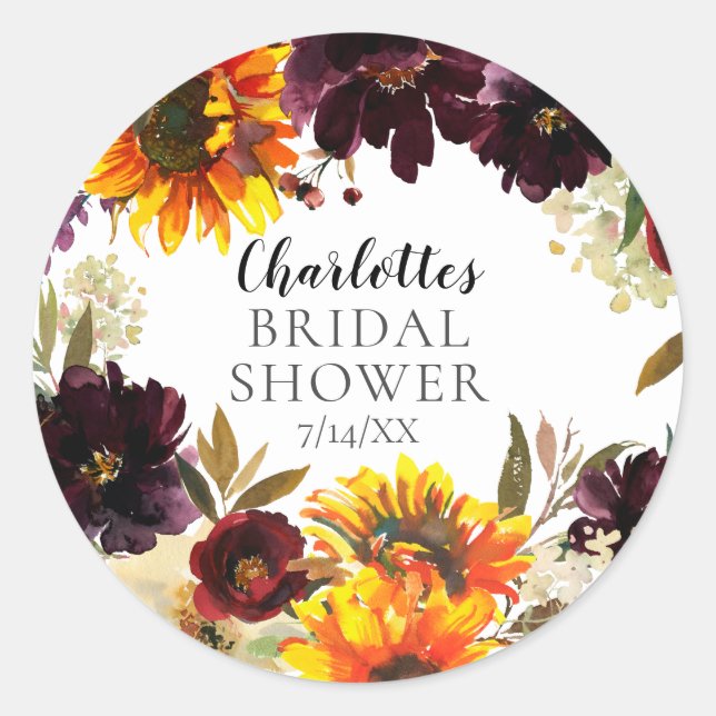 Autumn Bouquet Sunflowers Floral Bridal Shower Classic Round Sticker (Front)