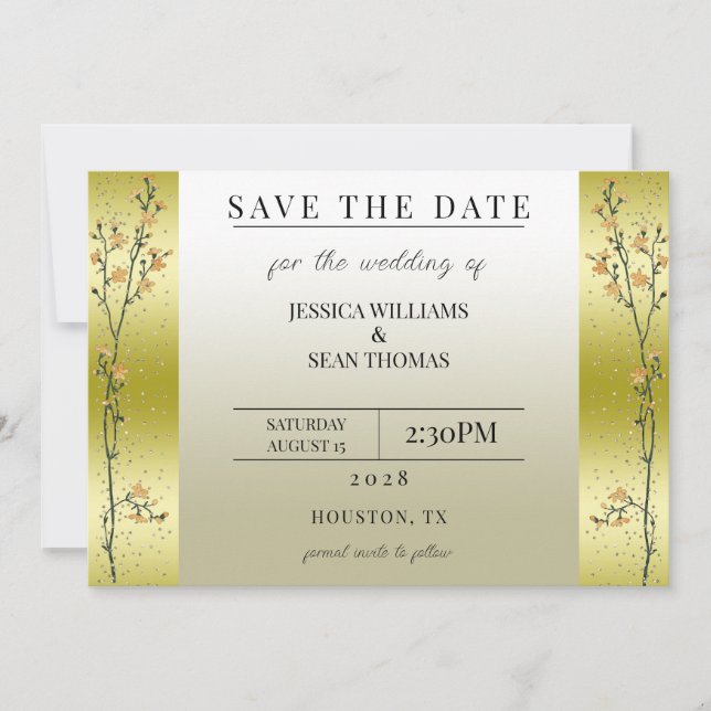 Autumn Branches, Confetti Gold Save The Date Invitation (Front)