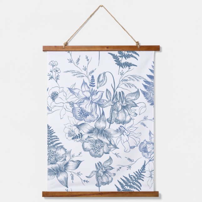 Autumn Breath Luxury Blue Flower Seamless Pattern Hanging Tapestry (Front)