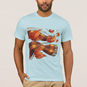 Autumn Breeze Maple Leaves and Plaid Scarf T-Shirt