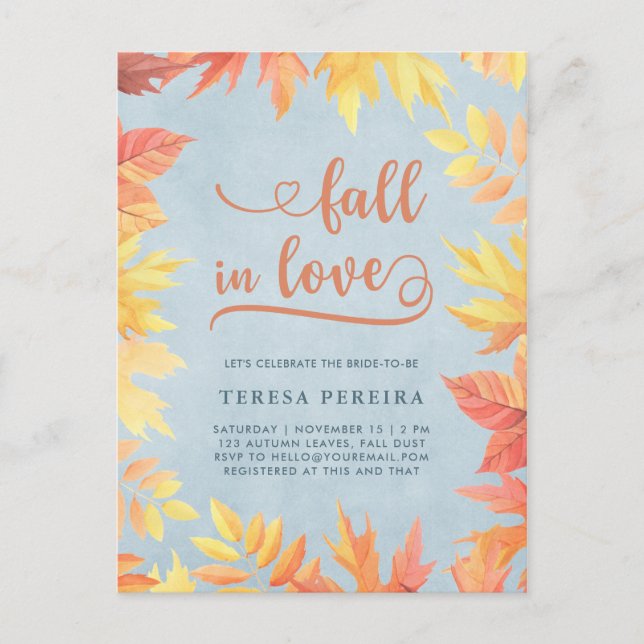 Autumn Bridal Shower Fall Love Simple Watercolor Invitation Postcard (Front)
