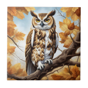 Autumn Brown and White Owl Tile