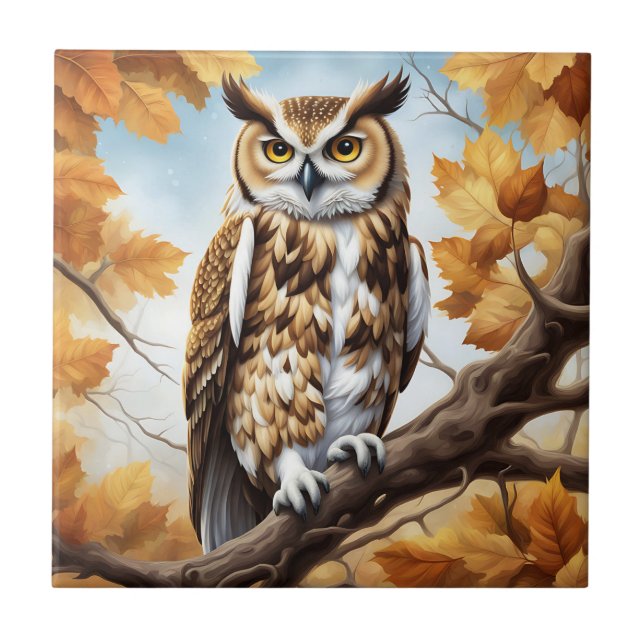 Autumn Brown and White Owl Tile (Front)