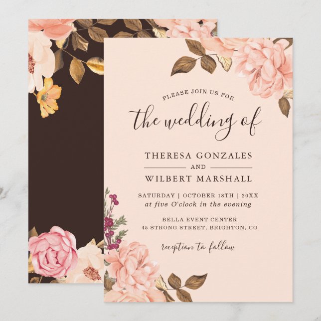 Autumn Brown Blush Gold Watercolor Floral Wedding Invitation (Front/Back)