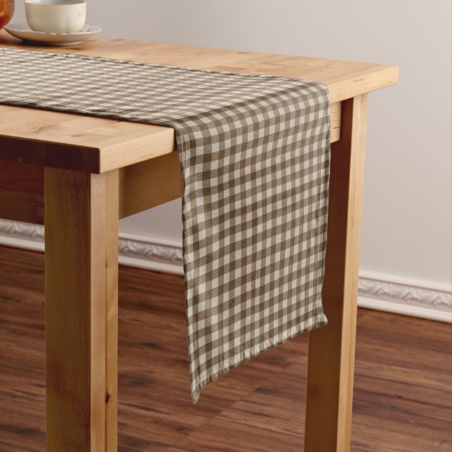 Autumn Brown Gingham Check Beautiful  Long Table Runner (In Situ)