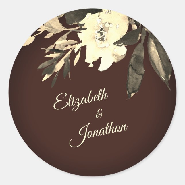 Autumn Brown Watercolor Floral Wedding Classic Round Sticker (Front)