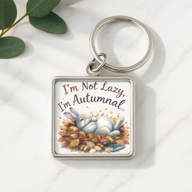 Autumn Bunny in Leaves with Funny Lazy Quote Keychain (Creator Uploaded)