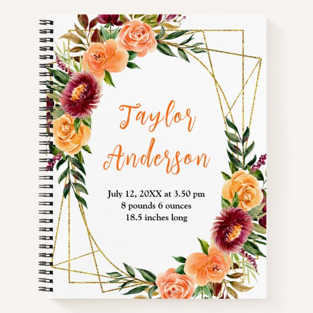Autumn Burgundy and Orange Floral Baby Birth Stats Notebook (Front)