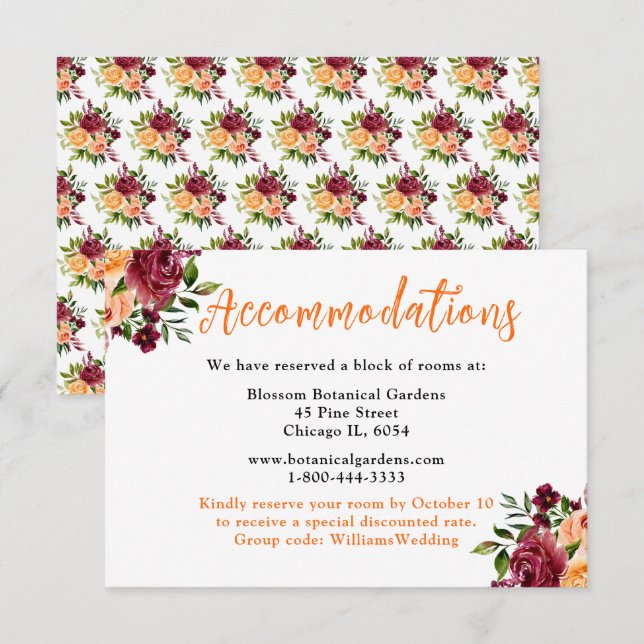 Autumn Burgundy and Orange Wedding Accommodations Enclosure Card (Front/Back)