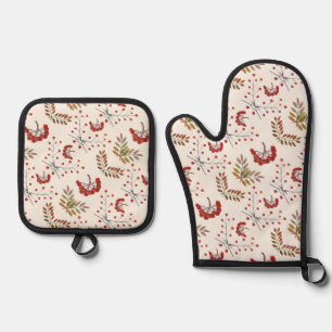 Autumn Burgundy Berries & Leaves Ivory Oven Mitt & Pot Holder Set