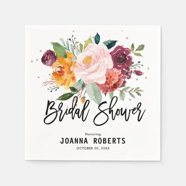 Autumn Burgundy Blush Floral Blossom Bridal Shower Napkin (Front)