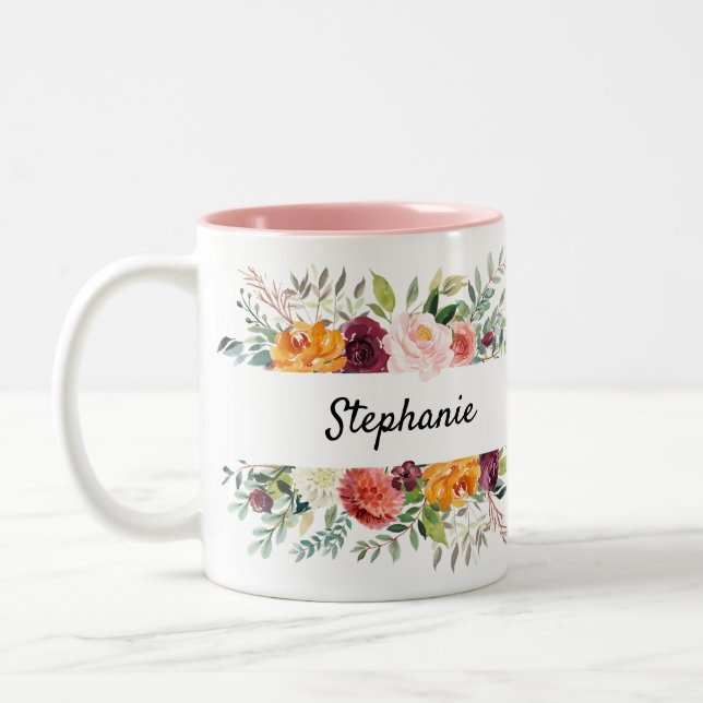 Autumn Burgundy Blush Floral Blossom Bridal Shower Two-Tone Coffee Mug (Left)