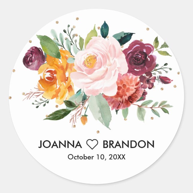 Autumn Burgundy Blush Floral Blossom Wedding Classic Round Sticker (Front)