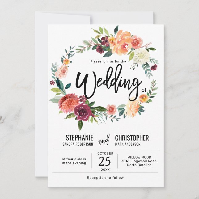 Autumn Burgundy Blush Floral Blossom Wedding Invitation (Front)