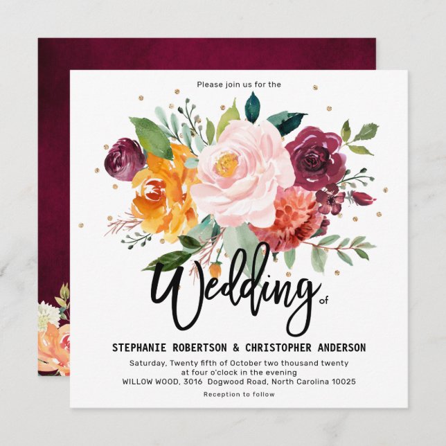 Autumn Burgundy Blush Floral Blossom Wedding Invitation (Front/Back)