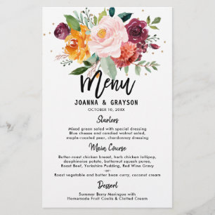 Autumn Burgundy Blush Floral Blossom Wedding menu