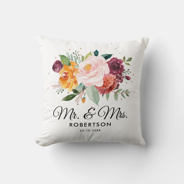 Autumn Burgundy Blush Floral Blossom Wedding Throw Pillow (Front)