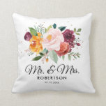 Autumn Burgundy Blush Floral Blossom Wedding Throw Pillow<br><div class="desc">Watercolor autumn / fall floral wedding gift pillow features a stunning bouquet of blush, orange peach, and marsala burgundy rose flowers with lush green botanical leaves and eucalyptus leaves and faux gold glitter. This colorful invitation will be perfect for fall or autumn weddings, spring weddings, and boho-themed weddings. Please find...</div>