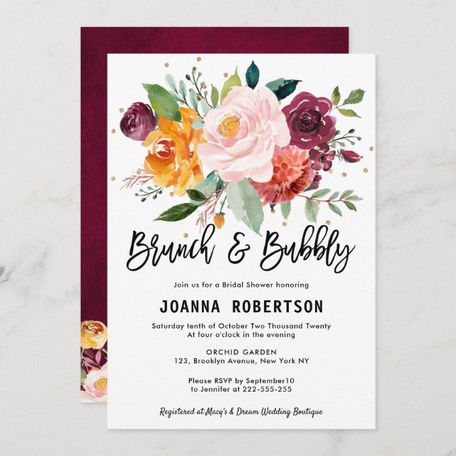 Autumn Burgundy Blush Floral Brunch & Bubbly Invitation (Front/Back)
