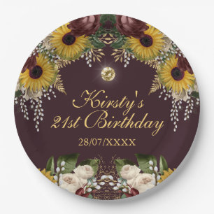 Autumn Burgundy Fall Flowers Foliage Birthday Paper Plate