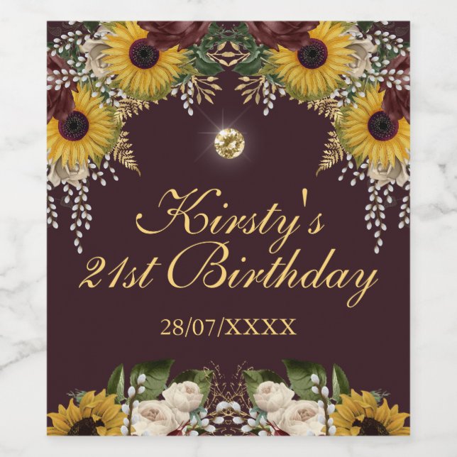 Autumn Burgundy Fall Flowers Foliage Birthday Wine Label (Single Label)