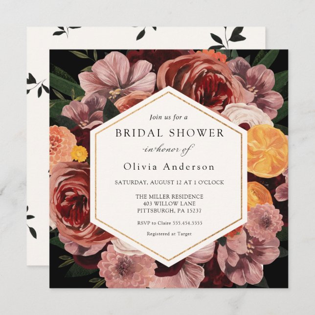 Autumn Burgundy Floral Bridal Shower Invitation (Front/Back)