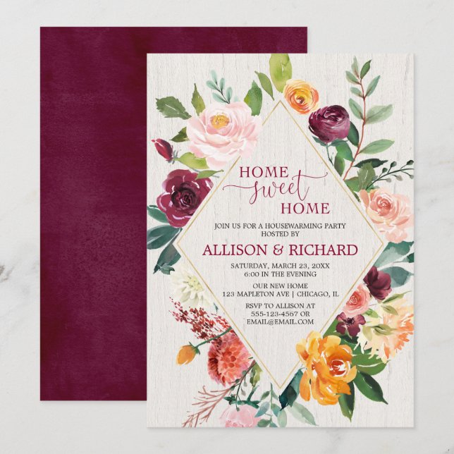 Autumn burgundy floral fall housewarming party invitation (Front/Back)