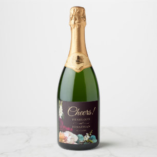 Autumn Burgundy Floral Gold Script Cheers! Wedding Sparkling Wine Label