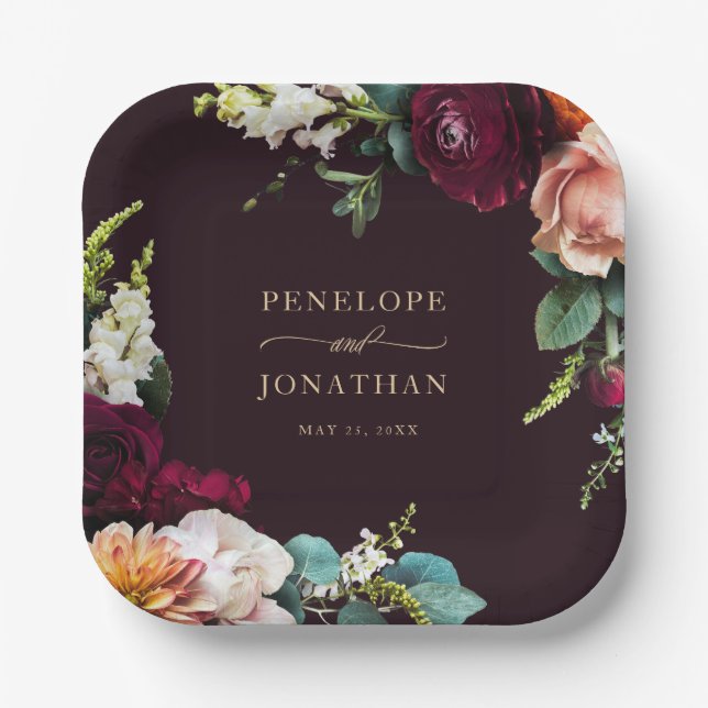 Autumn Burgundy Floral Gold Script Wedding Paper Plate (Front)