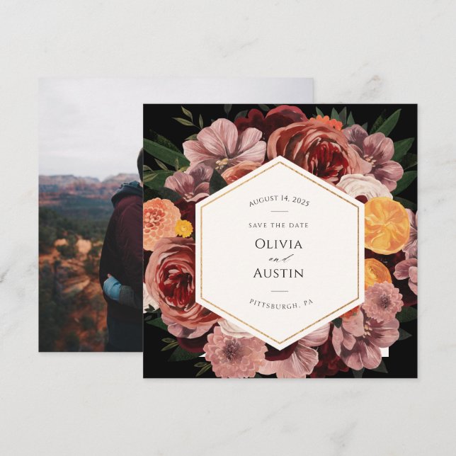 Autumn Burgundy Floral Save the Date Photo Invitation (Front/Back)