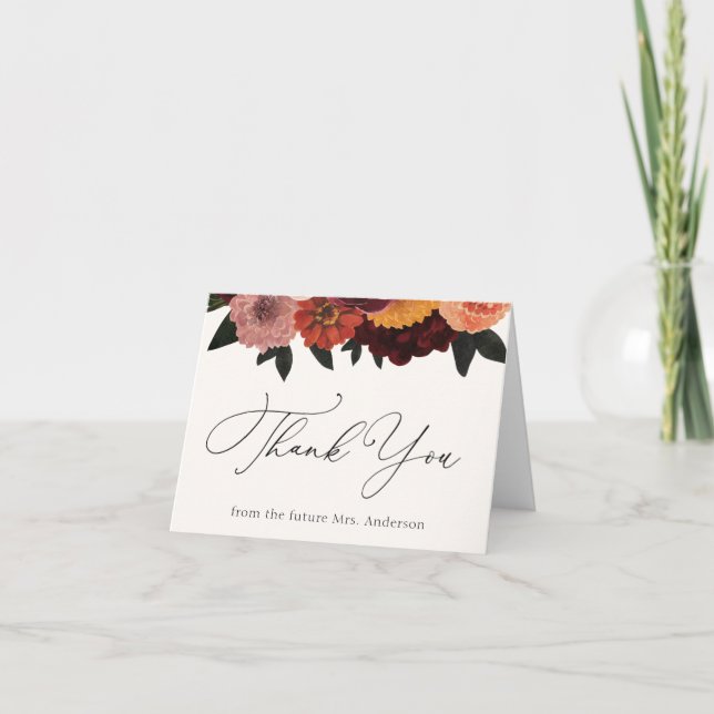 Autumn Burgundy Floral Thank You Note Card (Front)