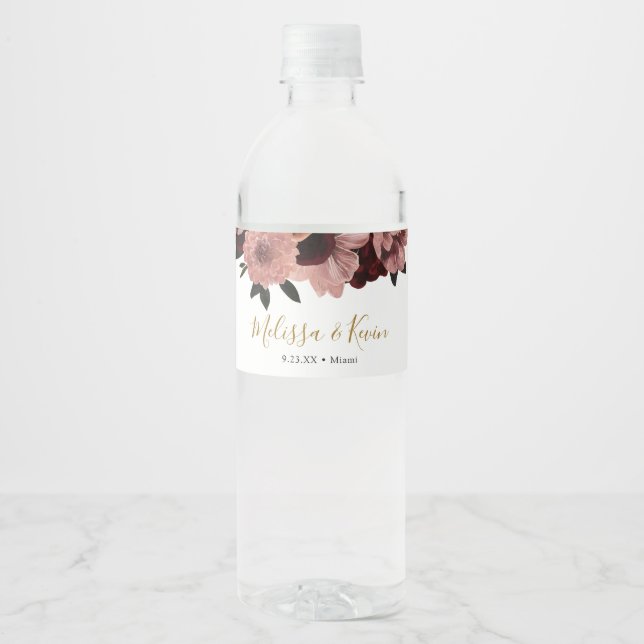 Autumn Burgundy Floral Water Bottle Label (Front)