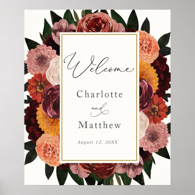 Autumn Burgundy Floral Wedding Welcome Sign (Front)