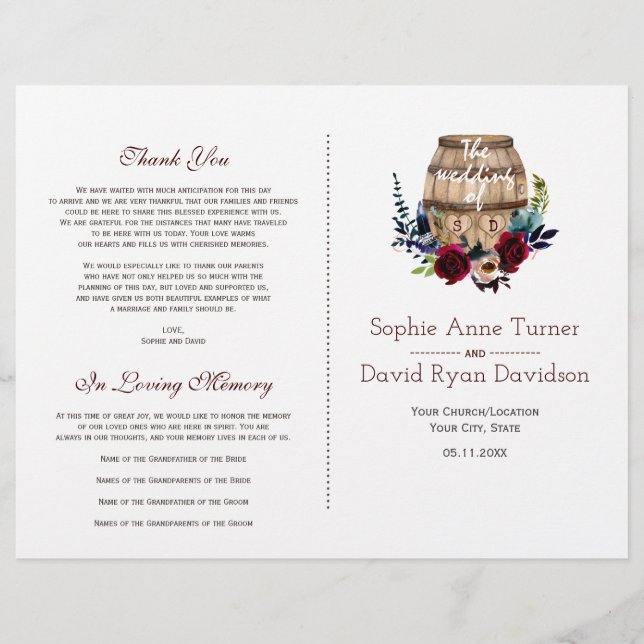 Autumn Burgundy Floral Wine Barrel Wedding Program (Front)