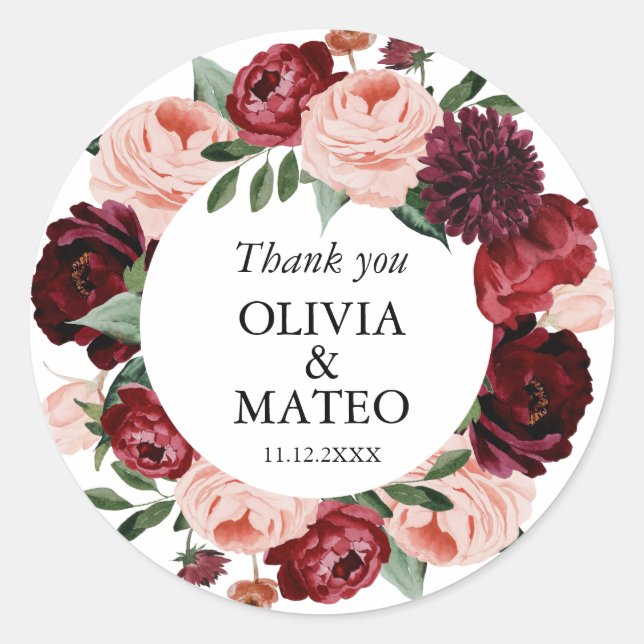 Autumn Burgundy Flower Wedding Favour Classic Round Sticker (Front)