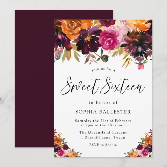 Autumn Burgundy Flowers Fall Sweet 16 Party Invitation (Front/Back)