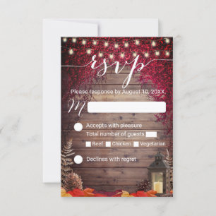 Autumn Burgundy Leaves Rustic Lantern Wedding RSVP Card
