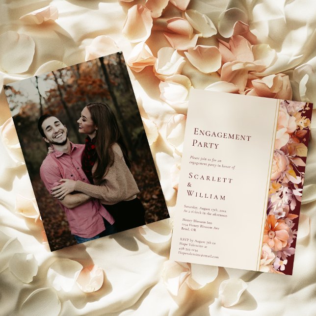 Autumn Burgundy Modern Photo Engagement Party Invitation (Creator Uploaded)