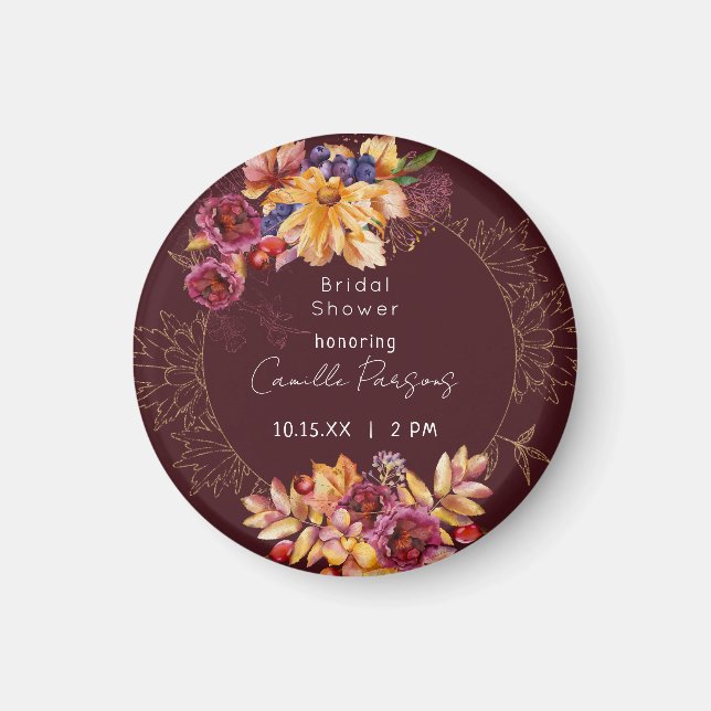 Autumn Burgundy Moody Watercolor Bridal Shower Magnet (Front)