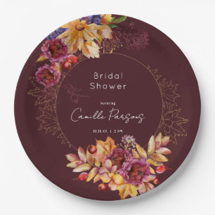 Autumn Burgundy Moody Watercolor Bridal Shower Paper Plate