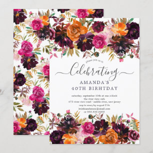 Autumn Burgundy & Orange Floral Birthday Party Invitation