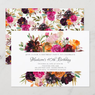 Autumn Burgundy & Orange Floral Birthday Party Invitation