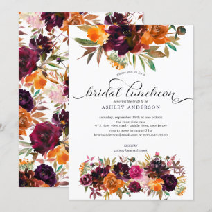Autumn Burgundy & Orange Floral Bridal Luncheon Invitation