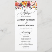 Autumn Burgundy Orange Floral Wedding Program