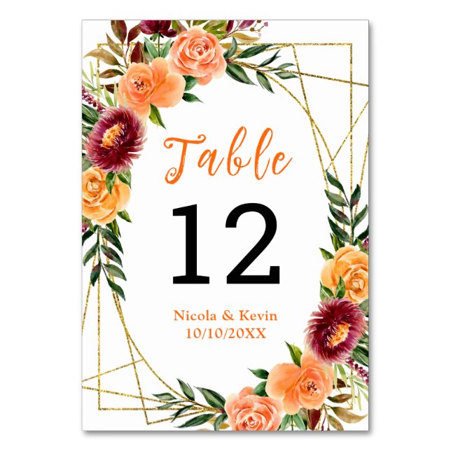Autumn Burgundy Orange Floral Wedding Table Number (Front)
