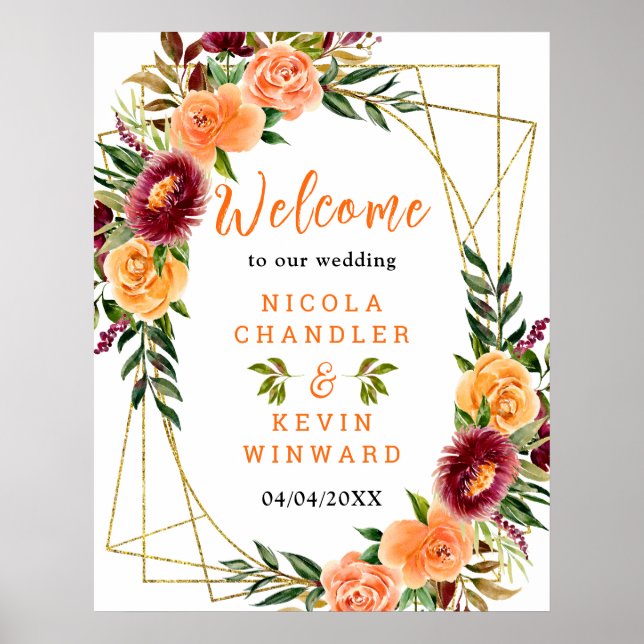 Autumn Burgundy Orange Floral Wedding Welcome Sign (Front)