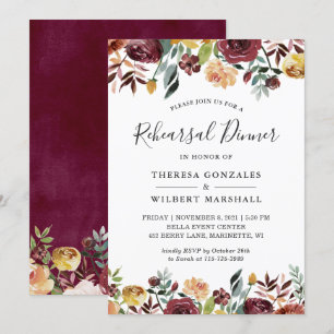 Autumn Burgundy Peach Gold Floral Rehearsal Dinner Invitation